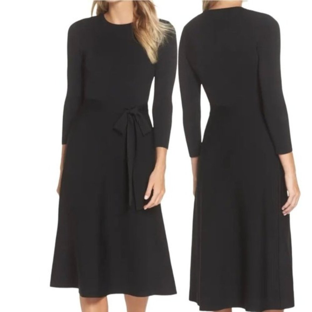 Eliza J Fit & Flare Black Sweater Midi Dress Crewneck Stretch EJ8-8790 Small